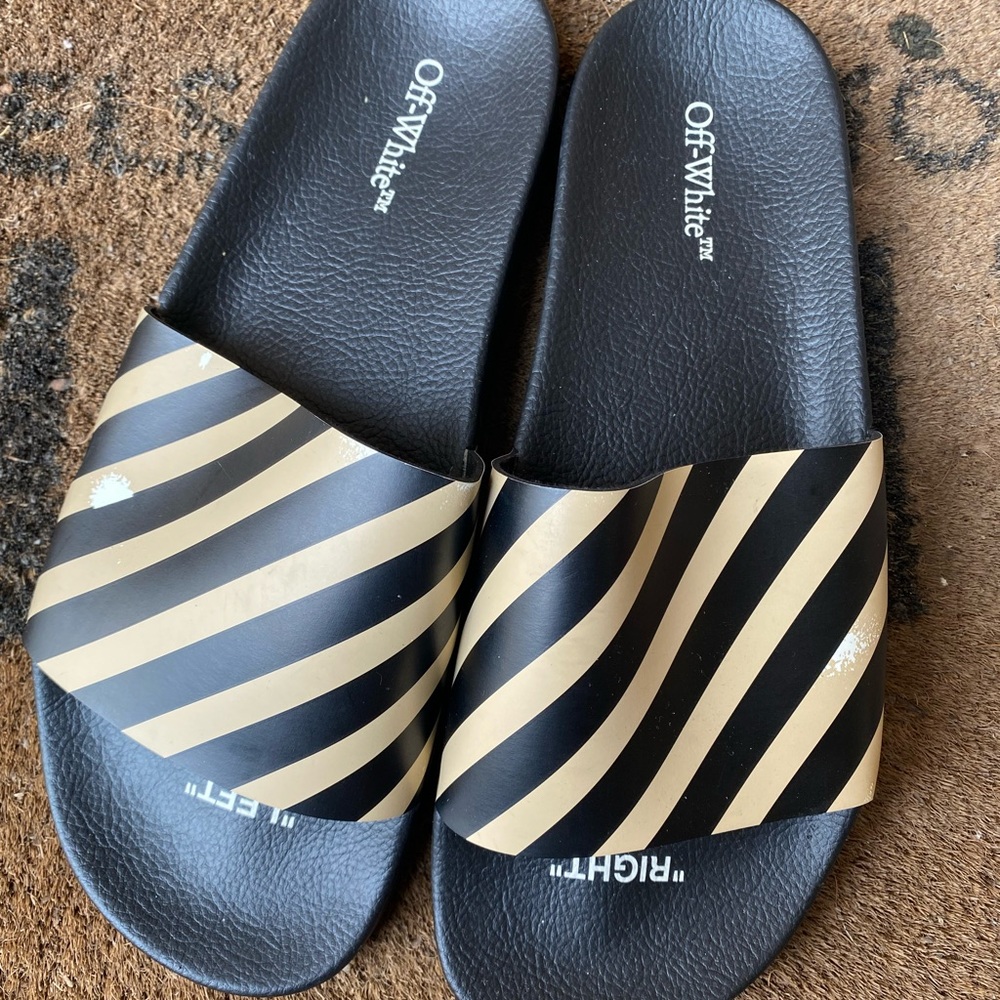 Off-White Diag Diagonal Striped Slides in Black and Beige Rubber Men’s Size 11
